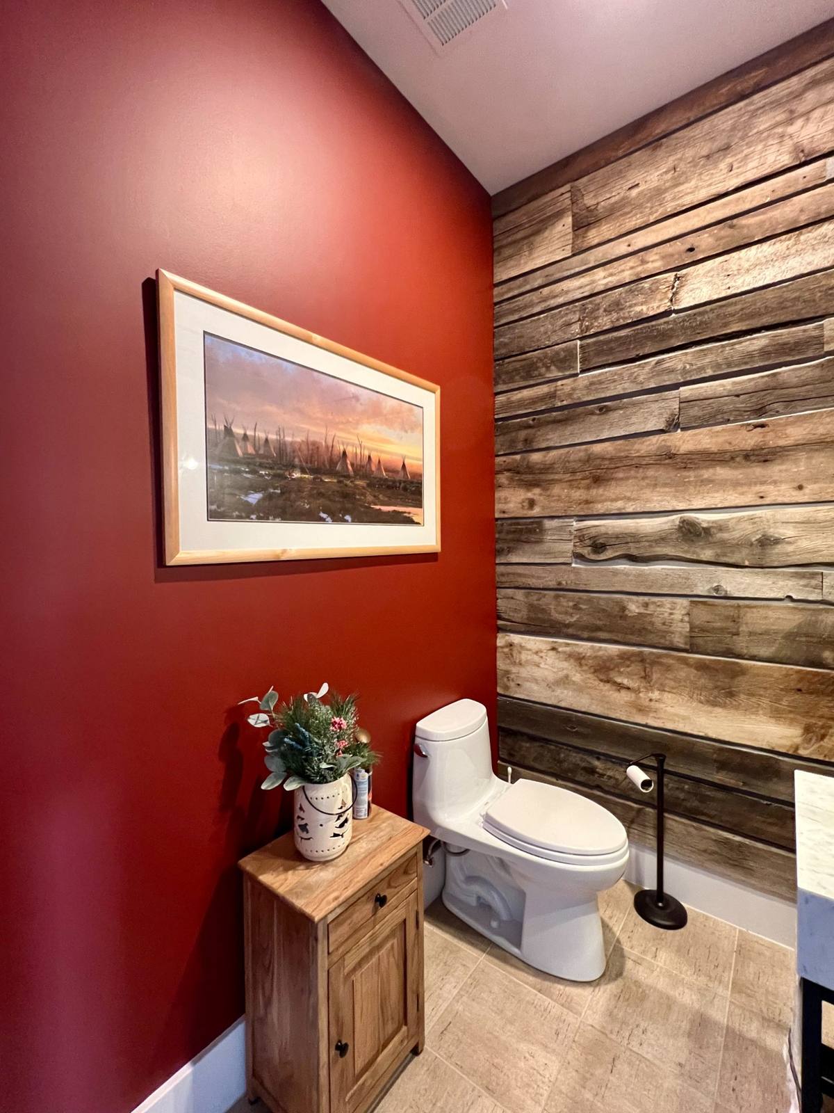 Red accent wall powder room interior painting Park City Utah