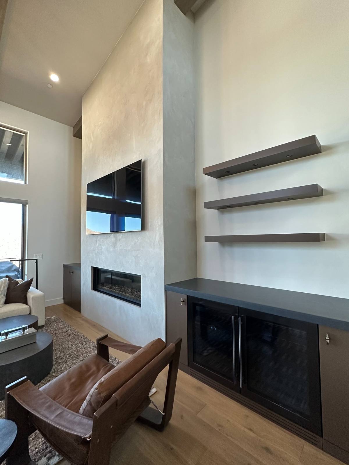 Living room venetian plaster fireplace wall Park City luxury home
